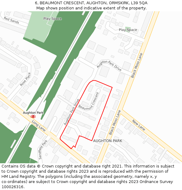 6, BEAUMONT CRESCENT, AUGHTON, ORMSKIRK, L39 5QA: Location map and indicative extent of plot