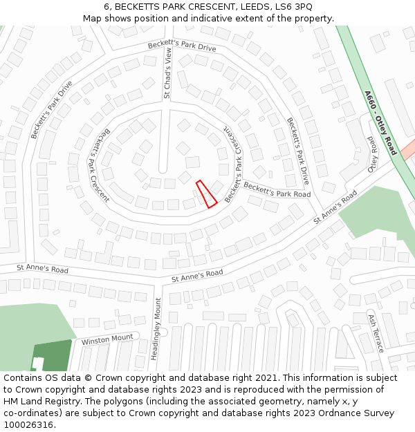 6, BECKETTS PARK CRESCENT, LEEDS, LS6 3PQ: Location map and indicative extent of plot