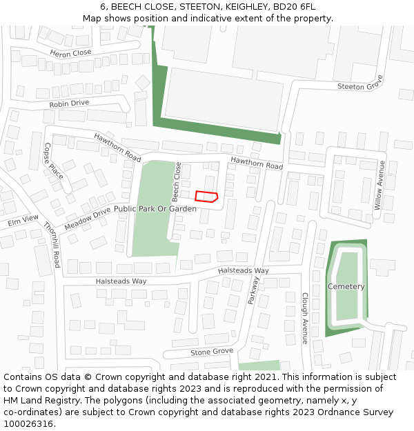 6, BEECH CLOSE, STEETON, KEIGHLEY, BD20 6FL: Location map and indicative extent of plot