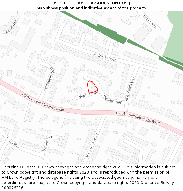 6, BEECH GROVE, RUSHDEN, NN10 6EJ: Location map and indicative extent of plot