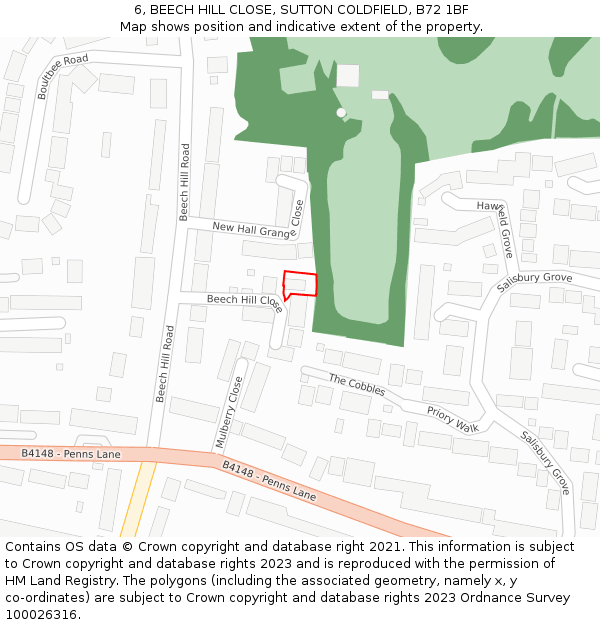 6, BEECH HILL CLOSE, SUTTON COLDFIELD, B72 1BF: Location map and indicative extent of plot