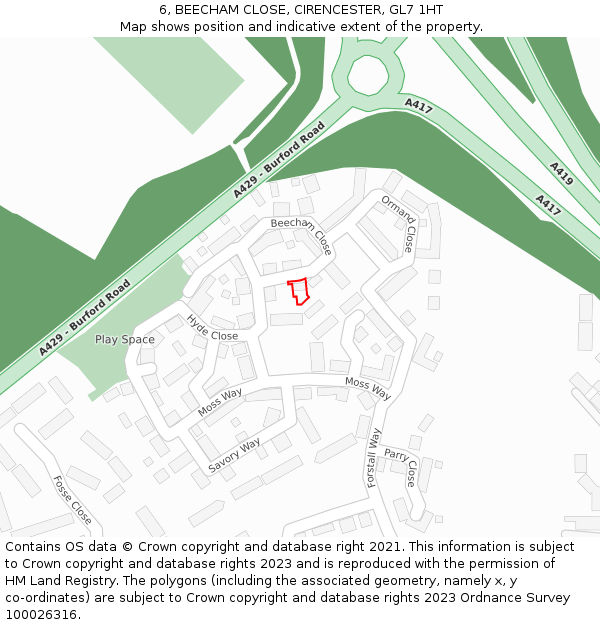 6, BEECHAM CLOSE, CIRENCESTER, GL7 1HT: Location map and indicative extent of plot