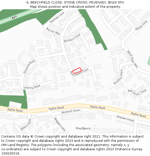 6, BEECHFIELD CLOSE, STONE CROSS, PEVENSEY, BN24 5FH: Location map and indicative extent of plot