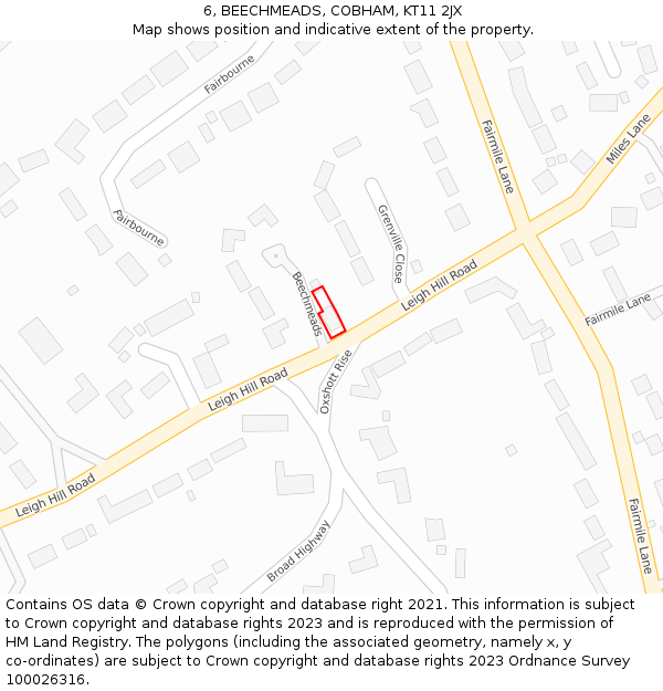 6, BEECHMEADS, COBHAM, KT11 2JX: Location map and indicative extent of plot