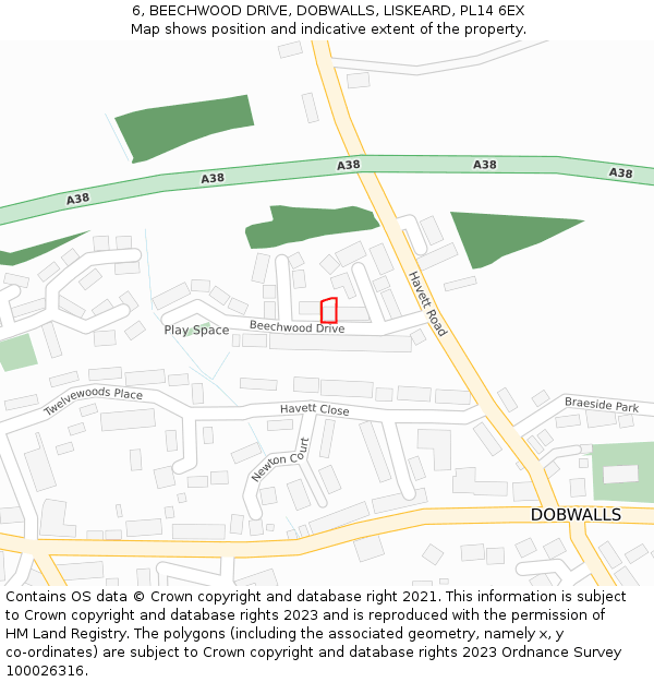 6, BEECHWOOD DRIVE, DOBWALLS, LISKEARD, PL14 6EX: Location map and indicative extent of plot