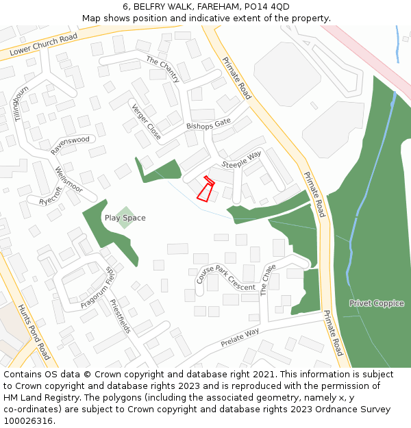 6, BELFRY WALK, FAREHAM, PO14 4QD: Location map and indicative extent of plot