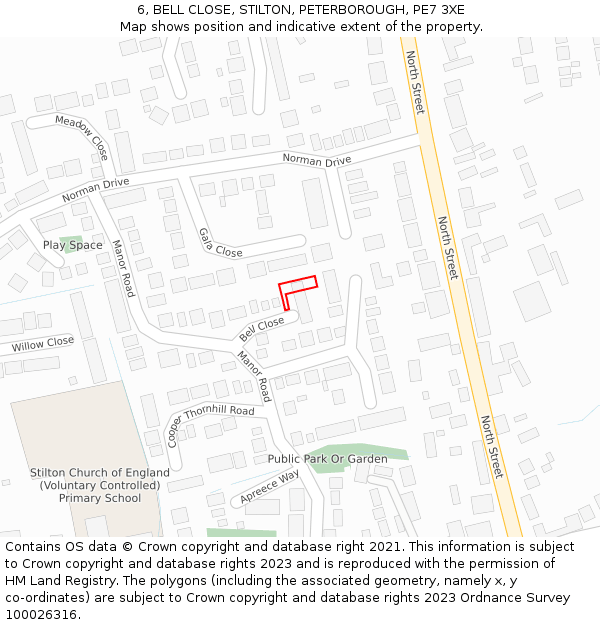 6, BELL CLOSE, STILTON, PETERBOROUGH, PE7 3XE: Location map and indicative extent of plot