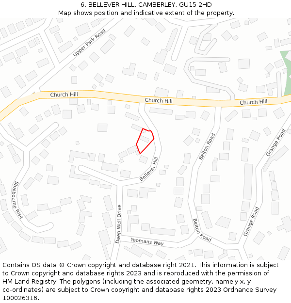 6, BELLEVER HILL, CAMBERLEY, GU15 2HD: Location map and indicative extent of plot