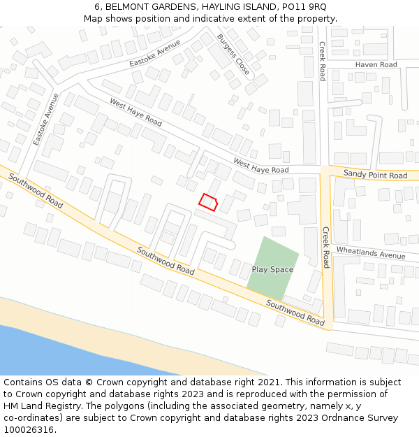 6, BELMONT GARDENS, HAYLING ISLAND, PO11 9RQ: Location map and indicative extent of plot