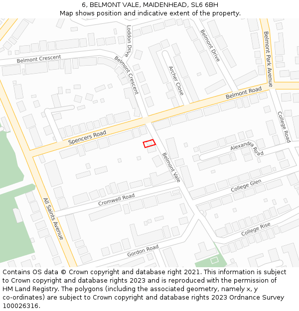 6, BELMONT VALE, MAIDENHEAD, SL6 6BH: Location map and indicative extent of plot