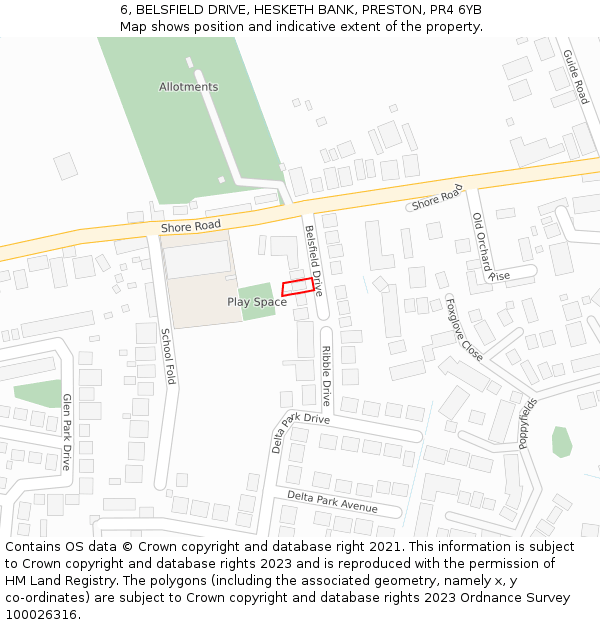 6, BELSFIELD DRIVE, HESKETH BANK, PRESTON, PR4 6YB: Location map and indicative extent of plot