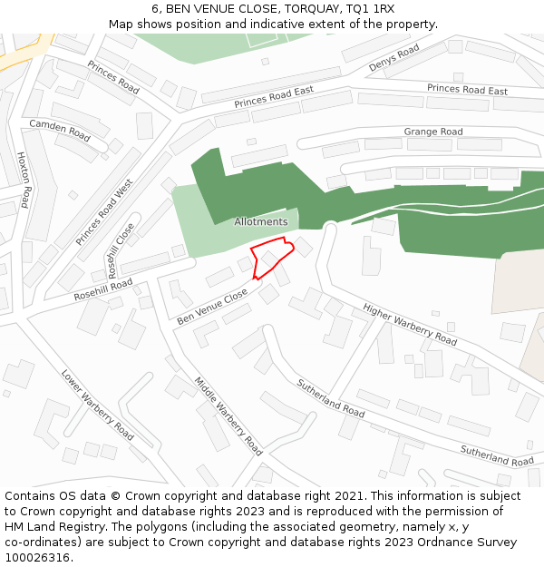 6, BEN VENUE CLOSE, TORQUAY, TQ1 1RX: Location map and indicative extent of plot