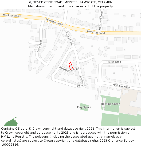 6, BENEDICTINE ROAD, MINSTER, RAMSGATE, CT12 4BN: Location map and indicative extent of plot