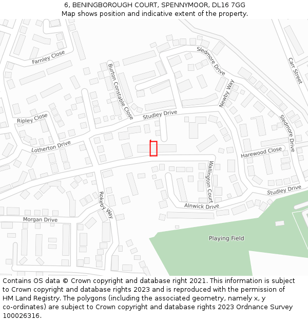 6, BENINGBOROUGH COURT, SPENNYMOOR, DL16 7GG: Location map and indicative extent of plot