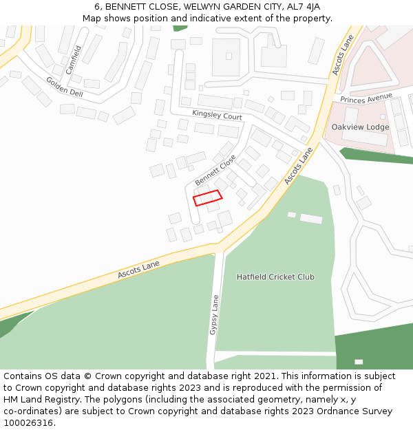 6, BENNETT CLOSE, WELWYN GARDEN CITY, AL7 4JA: Location map and indicative extent of plot