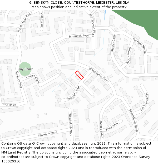 6, BENSKYN CLOSE, COUNTESTHORPE, LEICESTER, LE8 5LA: Location map and indicative extent of plot