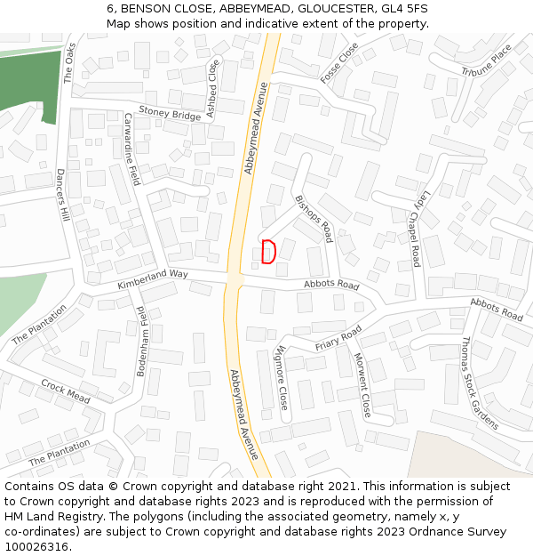 6, BENSON CLOSE, ABBEYMEAD, GLOUCESTER, GL4 5FS: Location map and indicative extent of plot