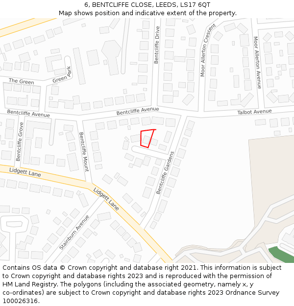 6, BENTCLIFFE CLOSE, LEEDS, LS17 6QT: Location map and indicative extent of plot