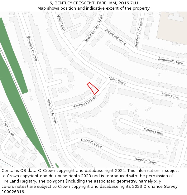 6, BENTLEY CRESCENT, FAREHAM, PO16 7LU: Location map and indicative extent of plot