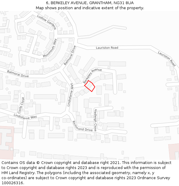 6, BERKELEY AVENUE, GRANTHAM, NG31 8UA: Location map and indicative extent of plot