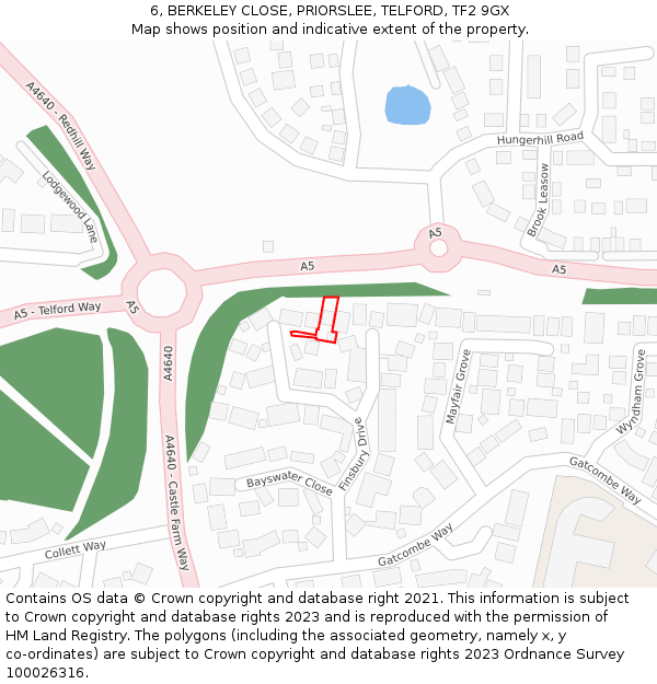 6, BERKELEY CLOSE, PRIORSLEE, TELFORD, TF2 9GX: Location map and indicative extent of plot