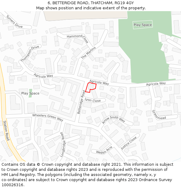 6, BETTERIDGE ROAD, THATCHAM, RG19 4GY: Location map and indicative extent of plot