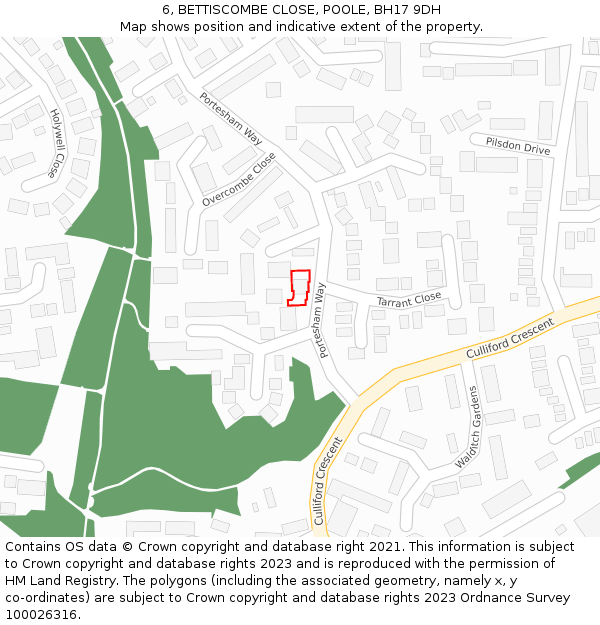 6, BETTISCOMBE CLOSE, POOLE, BH17 9DH: Location map and indicative extent of plot