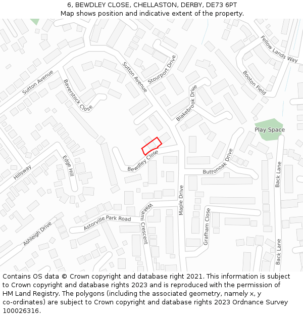 6, BEWDLEY CLOSE, CHELLASTON, DERBY, DE73 6PT: Location map and indicative extent of plot