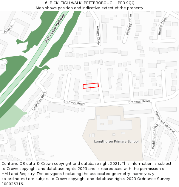 6, BICKLEIGH WALK, PETERBOROUGH, PE3 9QQ: Location map and indicative extent of plot