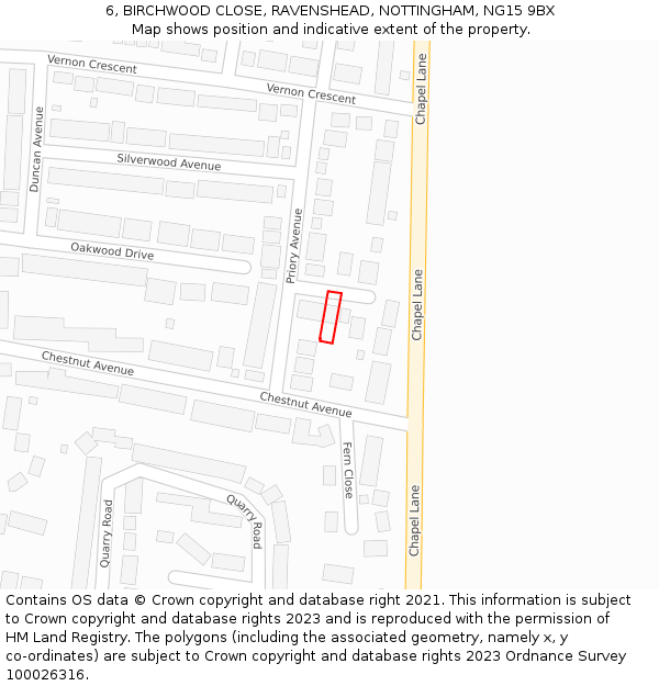6, BIRCHWOOD CLOSE, RAVENSHEAD, NOTTINGHAM, NG15 9BX: Location map and indicative extent of plot