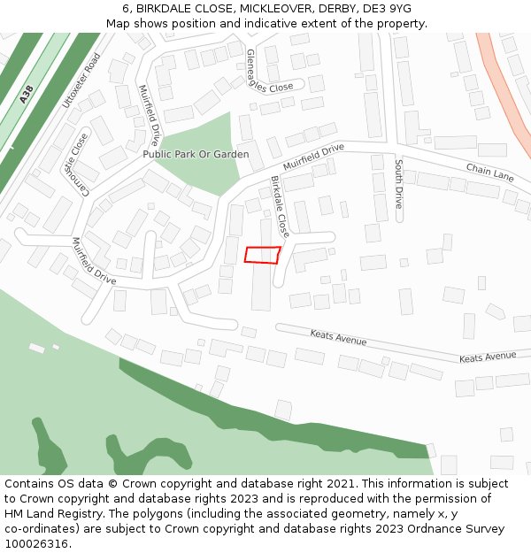 6, BIRKDALE CLOSE, MICKLEOVER, DERBY, DE3 9YG: Location map and indicative extent of plot