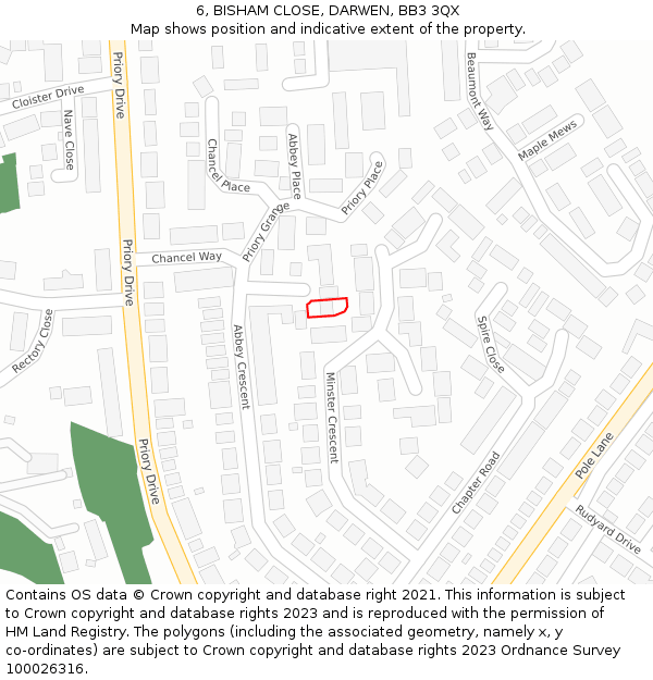 6, BISHAM CLOSE, DARWEN, BB3 3QX: Location map and indicative extent of plot