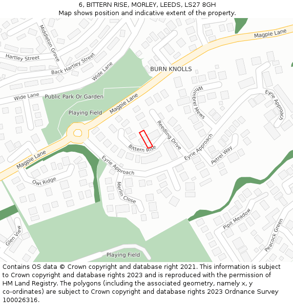 6, BITTERN RISE, MORLEY, LEEDS, LS27 8GH: Location map and indicative extent of plot