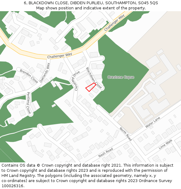 6, BLACKDOWN CLOSE, DIBDEN PURLIEU, SOUTHAMPTON, SO45 5QS: Location map and indicative extent of plot