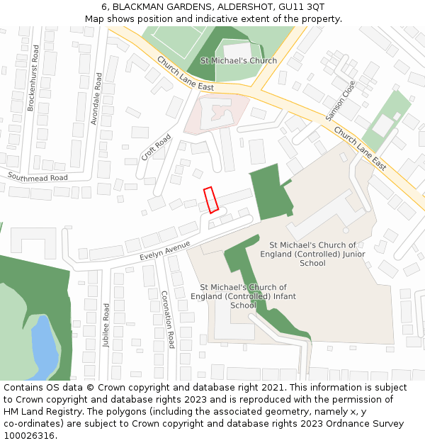 6, BLACKMAN GARDENS, ALDERSHOT, GU11 3QT: Location map and indicative extent of plot