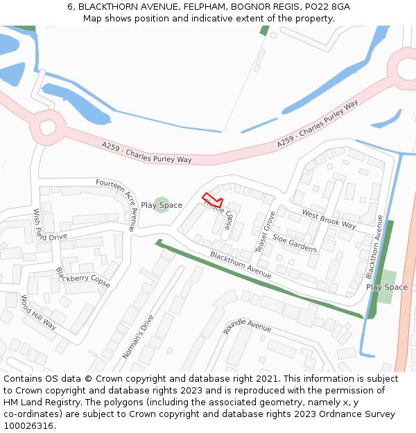 6, BLACKTHORN AVENUE, FELPHAM, BOGNOR REGIS, PO22 8GA: Location map and indicative extent of plot