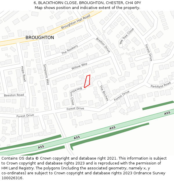 6, BLACKTHORN CLOSE, BROUGHTON, CHESTER, CH4 0PY: Location map and indicative extent of plot