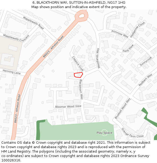 6, BLACKTHORN WAY, SUTTON-IN-ASHFIELD, NG17 1HG: Location map and indicative extent of plot