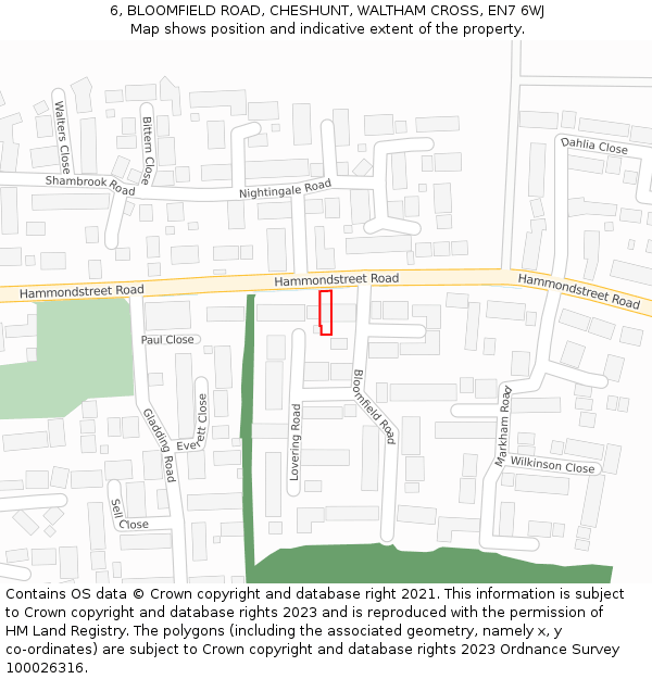 6, BLOOMFIELD ROAD, CHESHUNT, WALTHAM CROSS, EN7 6WJ: Location map and indicative extent of plot