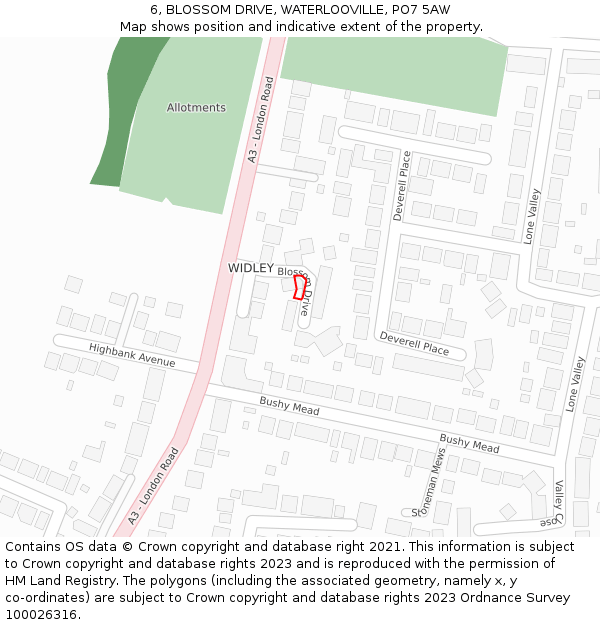 6, BLOSSOM DRIVE, WATERLOOVILLE, PO7 5AW: Location map and indicative extent of plot
