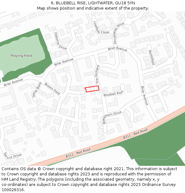 6, BLUEBELL RISE, LIGHTWATER, GU18 5YN: Location map and indicative extent of plot