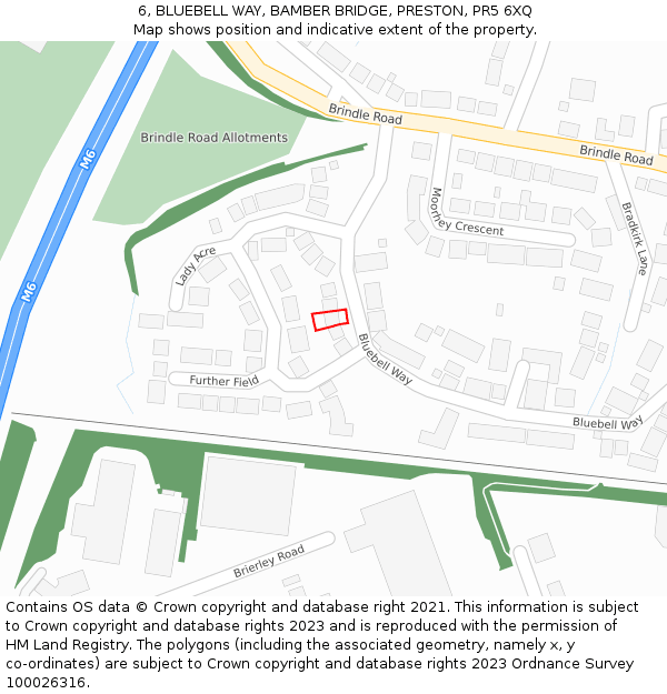 6, BLUEBELL WAY, BAMBER BRIDGE, PRESTON, PR5 6XQ: Location map and indicative extent of plot
