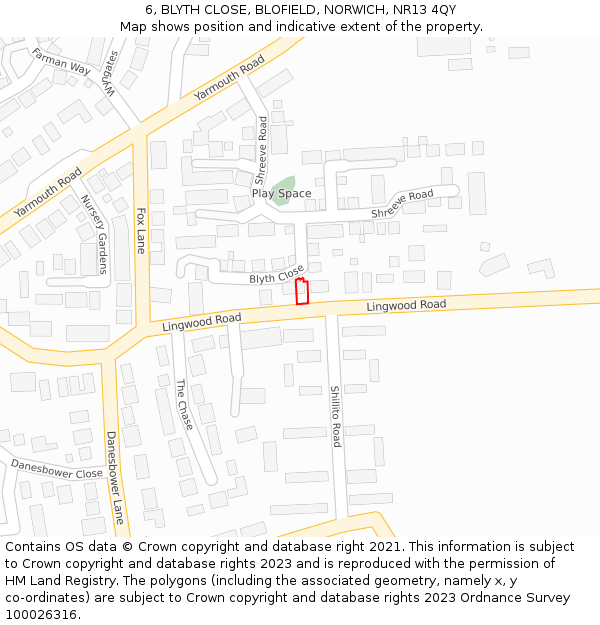6, BLYTH CLOSE, BLOFIELD, NORWICH, NR13 4QY: Location map and indicative extent of plot