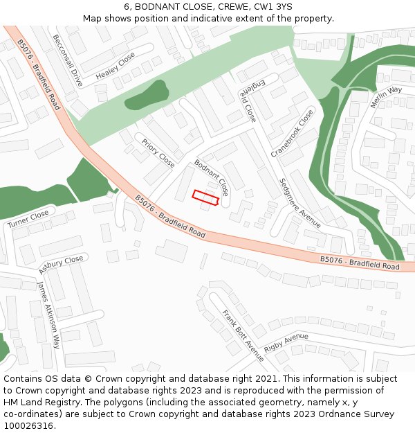 6, BODNANT CLOSE, CREWE, CW1 3YS: Location map and indicative extent of plot