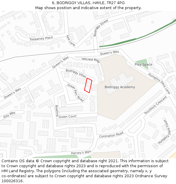 6, BODRIGGY VILLAS, HAYLE, TR27 4PG: Location map and indicative extent of plot