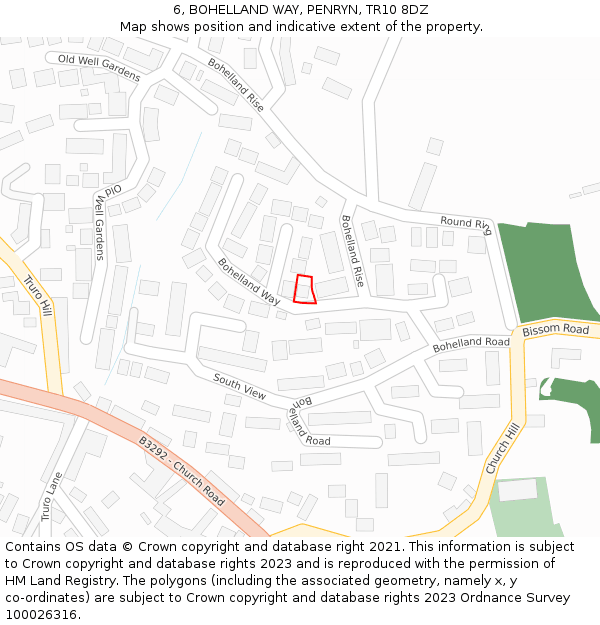 6, BOHELLAND WAY, PENRYN, TR10 8DZ: Location map and indicative extent of plot