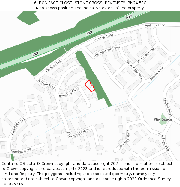 6, BONIFACE CLOSE, STONE CROSS, PEVENSEY, BN24 5FG: Location map and indicative extent of plot