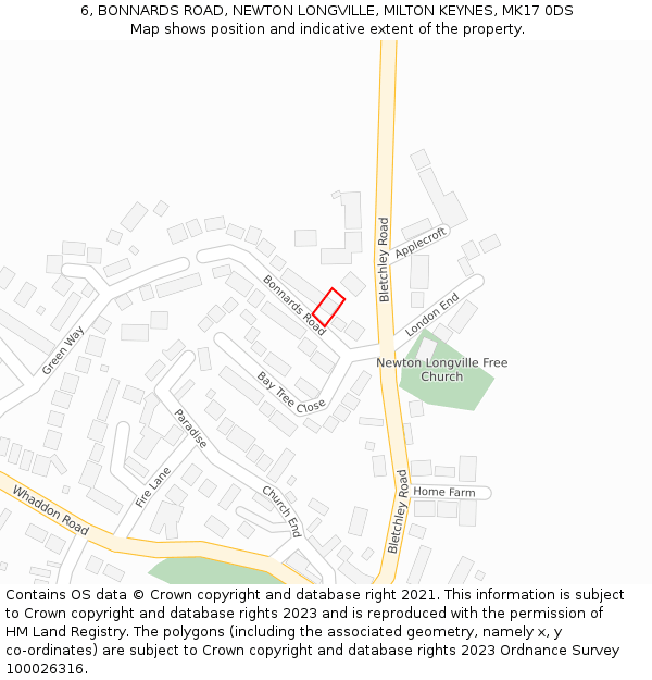 6, BONNARDS ROAD, NEWTON LONGVILLE, MILTON KEYNES, MK17 0DS: Location map and indicative extent of plot