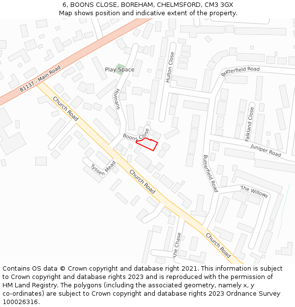 6, BOONS CLOSE, BOREHAM, CHELMSFORD, CM3 3GX: Location map and indicative extent of plot