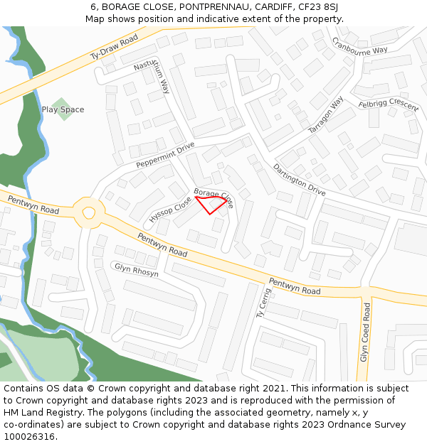 6, BORAGE CLOSE, PONTPRENNAU, CARDIFF, CF23 8SJ: Location map and indicative extent of plot